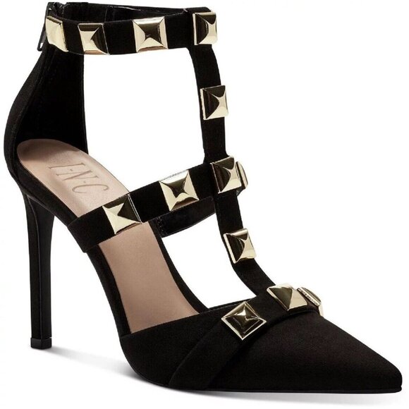 INC Womens Black Studded Strappy Syndia Pointed Toe Stiletto Zip-Up Shoes Sz 9 - Picture 1 of 9
